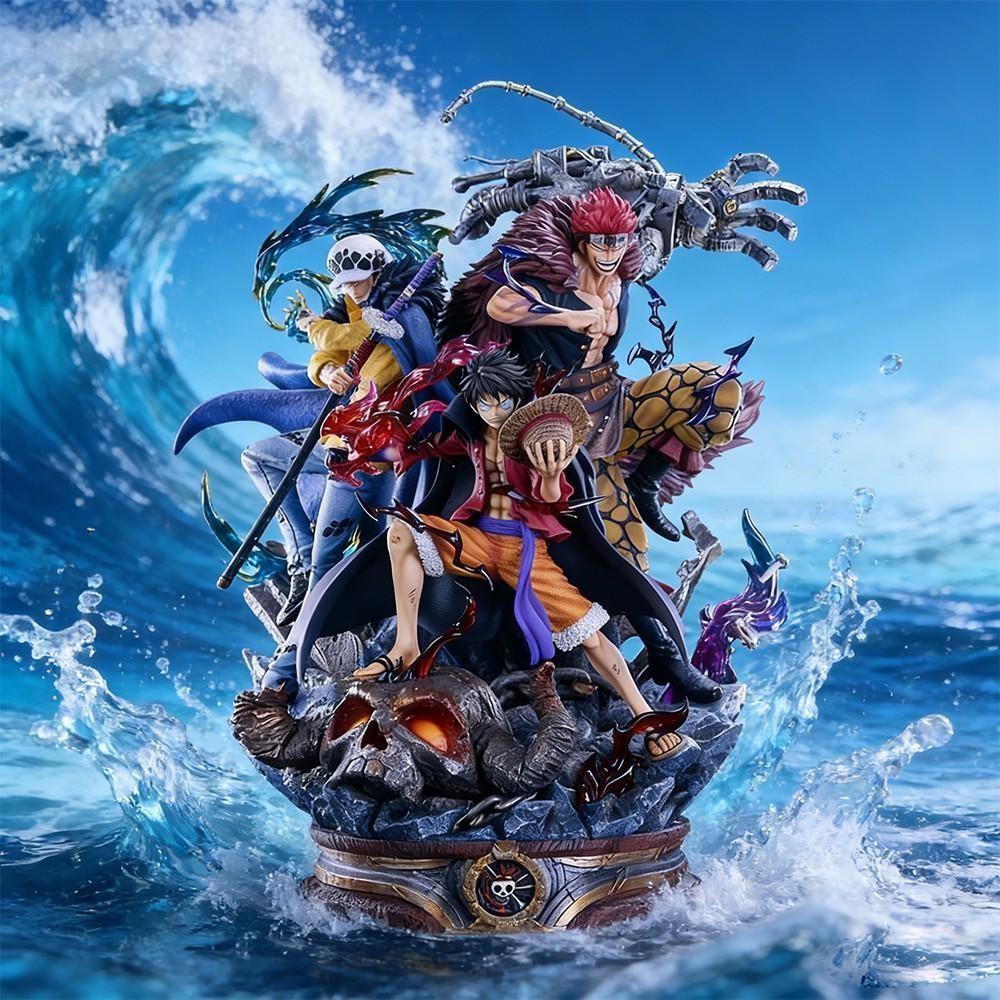 One Piece Supernova Trio Figure, Luffy / Law / Kid Three Captains Statue，Onigashima Captains Collectible Statue, With Special Effects Base，Three Captains Anime Figure, Collectible Set for Fans & Display，With Skull Base and Full Aura Details