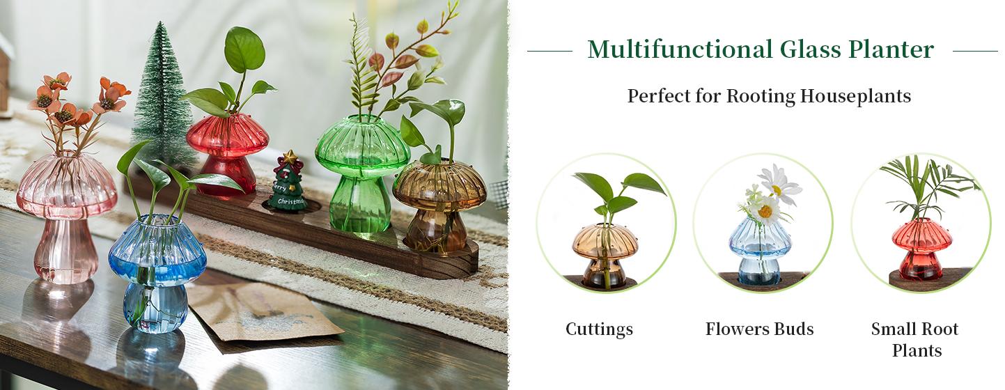 Mushroom Vase, Set of 5, Boho Style Bud Vases with Wooden Tray, Unqiue Planters for Indoor Plants, Decorative Flower Vases for Home Decor, Dealsforyouday