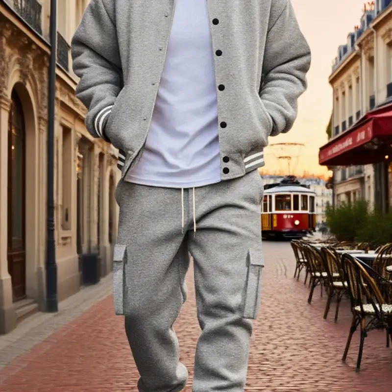 Men's Fall Outfits Sports Casual Warm Fleece Fabric Two-Piece Set for Daliy Wear, Baseball Jacket & Cargo Pants, Multi-Pocket Design, Essential Wardrobe Item