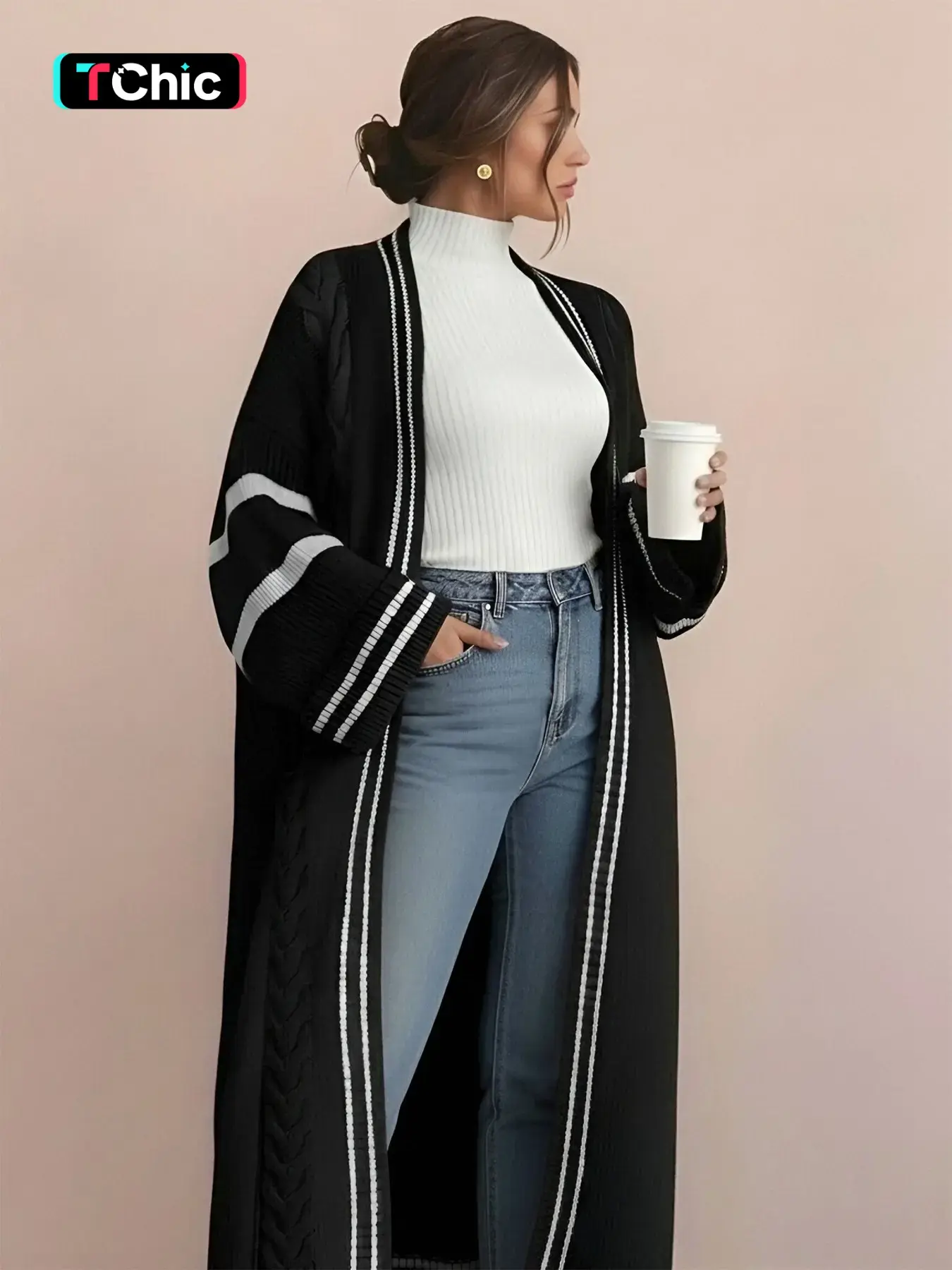 Women's Fall Winter Casual Elegant Striped Long Knit Cardigan, Simple Style American Trendy Fashion, Comfortable and Stylish Outerwear