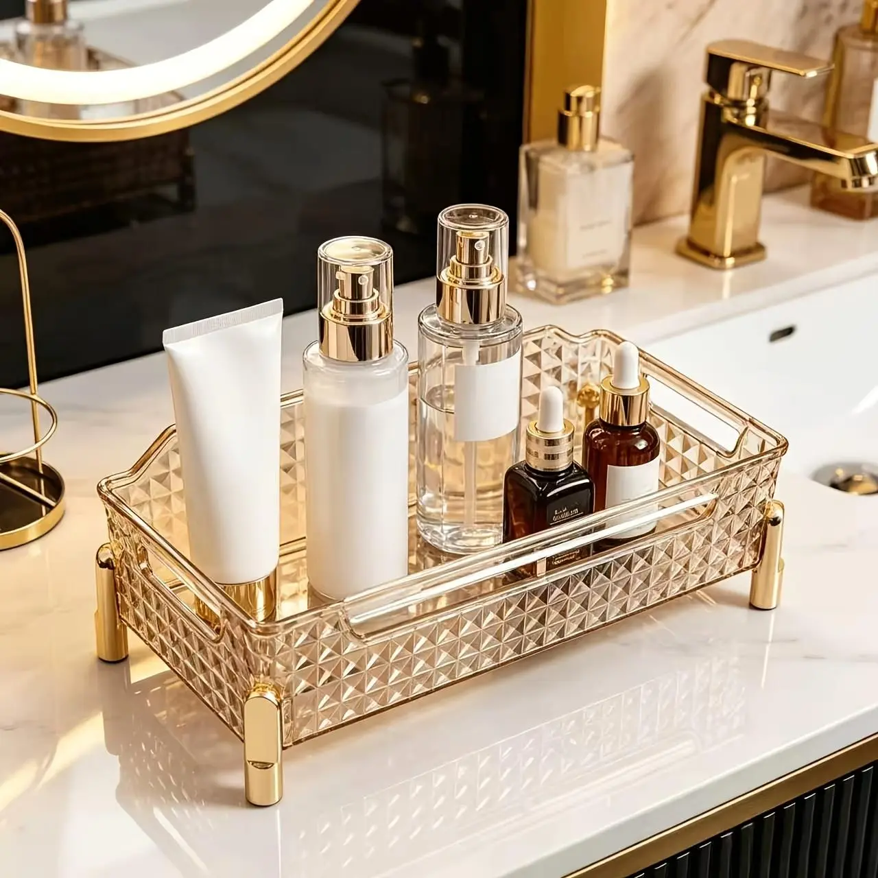 ZXF Elegant Transparent Plastic Cosmetic Organiser - Compact Round, Durable with Golden Accent, Classical Look, Rotatable Clip for Eyebrow Pencils, Powder Compacts, Makeup Brushes - Vanity Home Storage Box