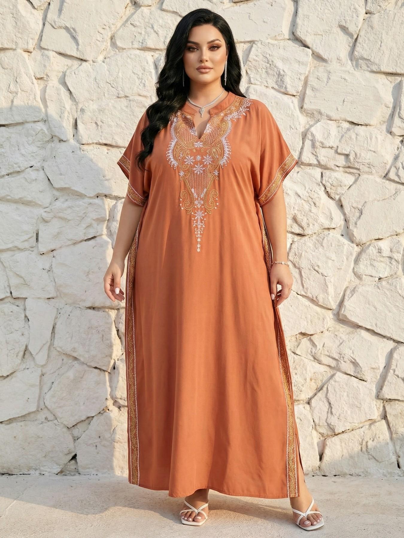 2026Plus Size Ethnic Pattern Embroidered Split Kaftan Dress, Boho Notched Neck Batwing Sleeve Long Dress, Summer Clothing, Women'S Summer Clothes, Modest Clothing Caftan Robe, Muslim Women Gowns, Modesty Muslim Clothing..