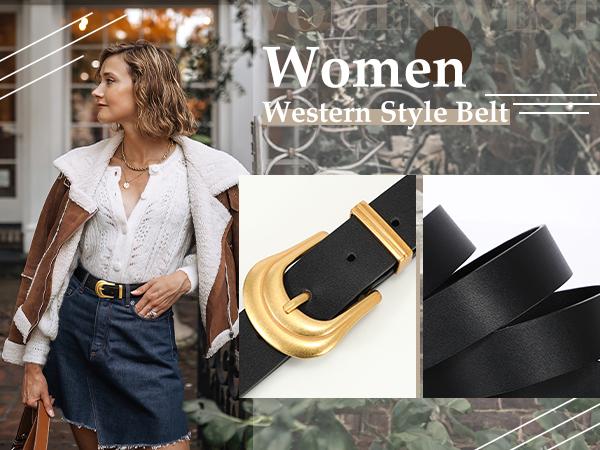 JASGOOD Women's Western Belt Vintage Black Leather Waist Belt with Gold Buckle for Pants Jeans