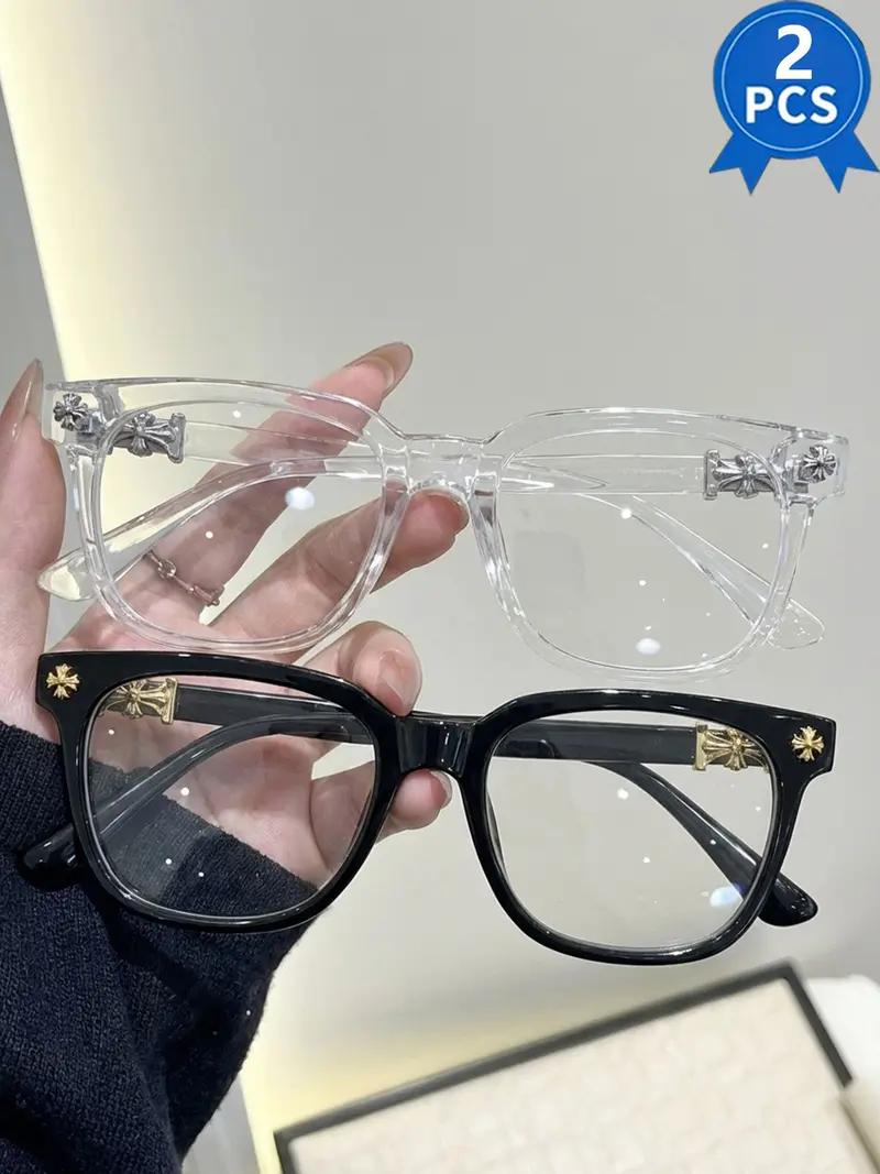 2 PCS Fashion Square Frame Blue Light Glasses, Cross Flower Rivet Design, Ultra-Light Frame, Retro Street Style, Unisex Computer Phone Eyeglasses, Fashionable Frames Glasses