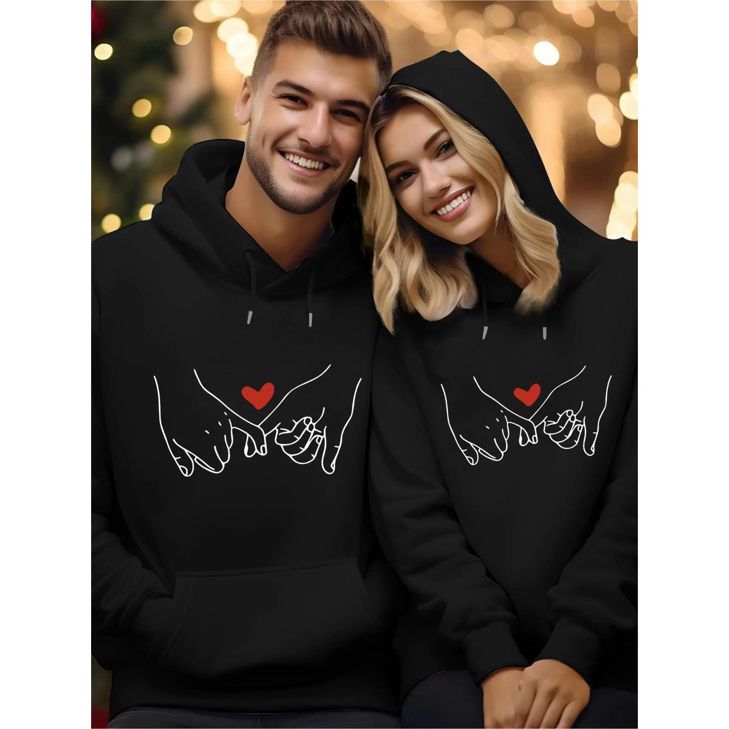 Valentine's Day Hand in Hand Love Couple Outfit Print, Men's Casual And Cozy Hoodies , Trendy Long Sleeve Hooded Sweatshirt, Casual Versatile Top for Autumn Winter