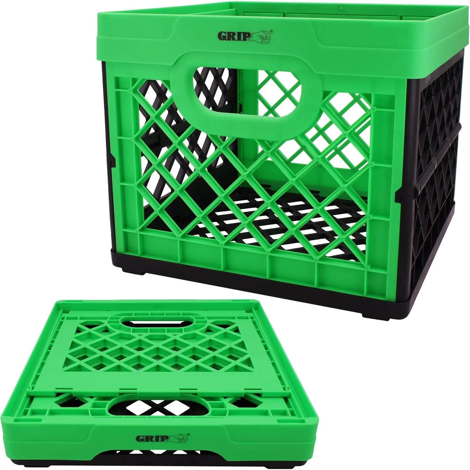 Folding Stackable Storage Bin, Grn, 6 Gallon - Dimensions: 13" x 13" x 11" - Milk Crate - Capacity: 50 lbs - Heavy Duty Plastic Collapsible Crate for Sporting Goods, Toys, Pool Toys, Files