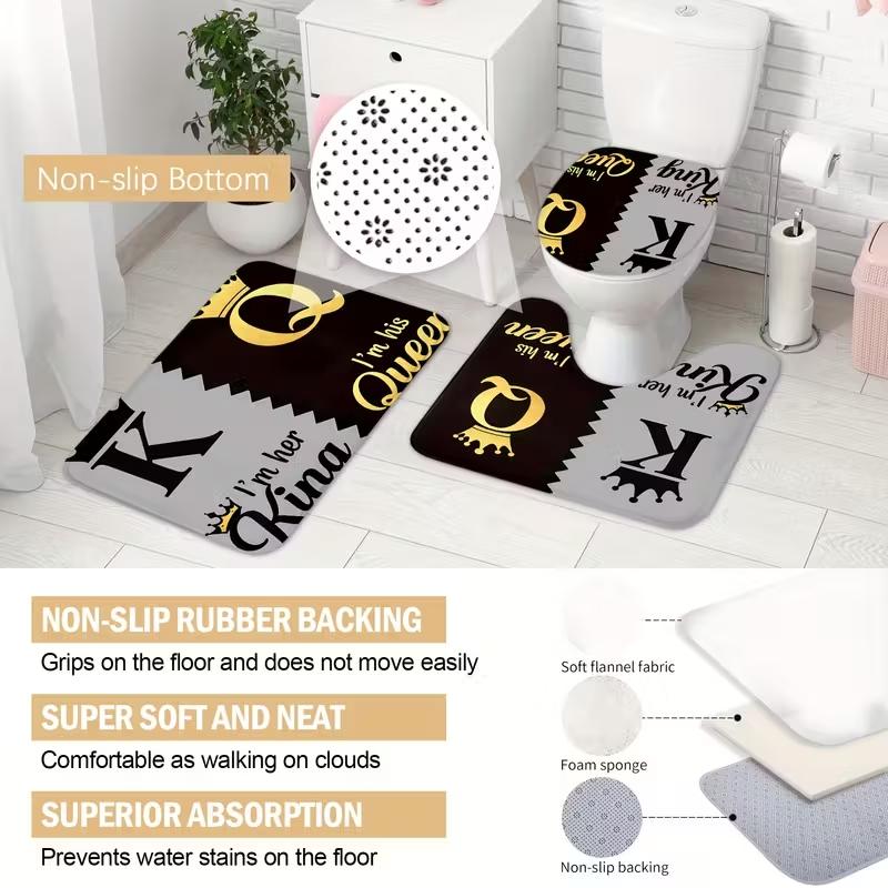 1/4pc King and Queen Pattern Shower Curtain Set, Bathroom Shower Equipment, including shower curtain, toilet seat cover, rectangular mat, and U-shaped mat, perfect for bathroom décor, beautifying the space. Comes with 12 shower curtain hooks.