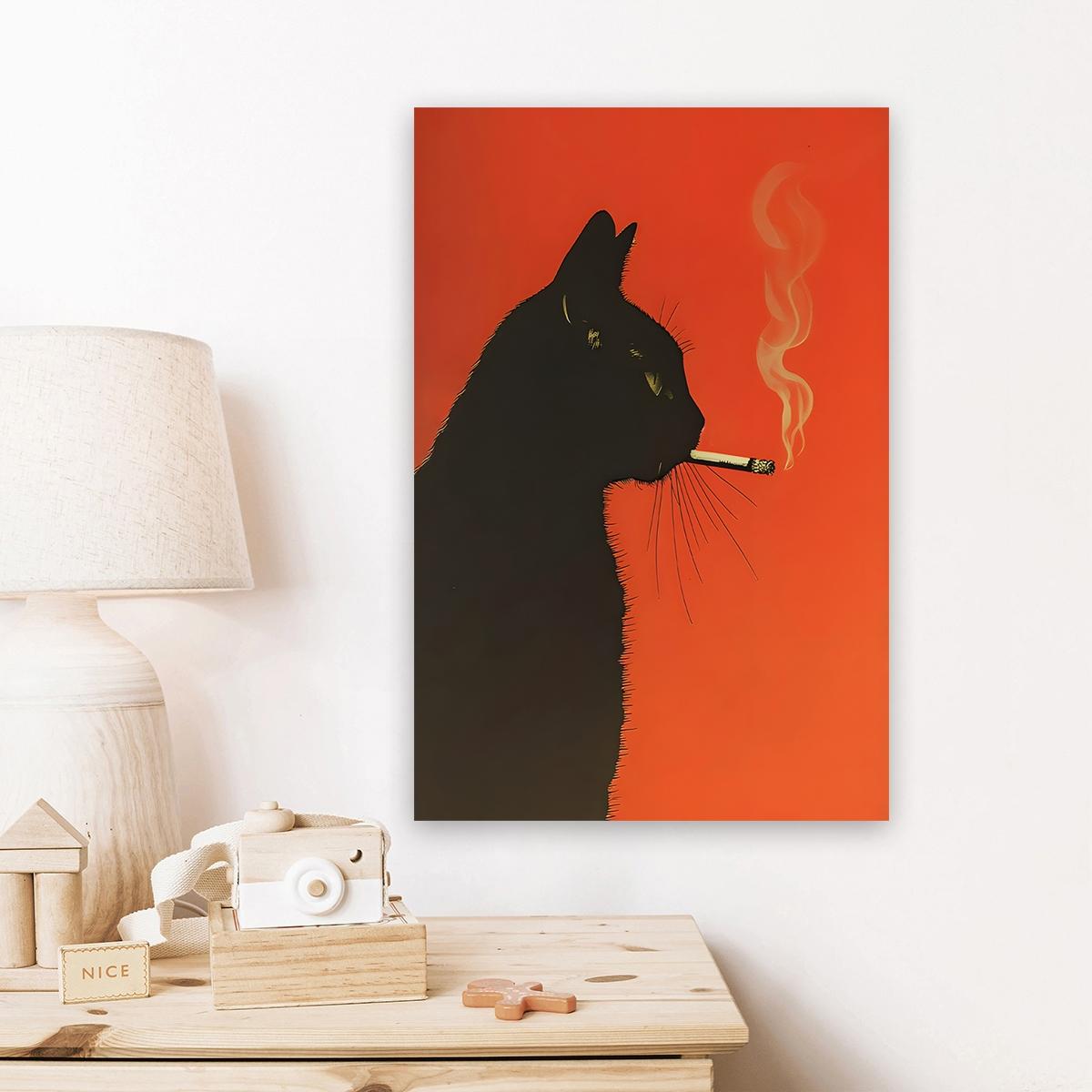 black cat smoking cigarette painting 1pc Wooden Framed, Black Cat Smoking a Cigarette Vintage Poster, Art Retro  Whimsical Print, Funny Print