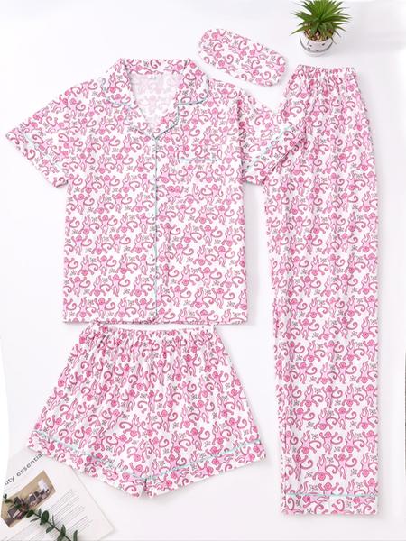 Women's All over Print Pajama Set, Comfortable Sleepwear and Loungewear for All Seasons, Includes Top Shorts and Pants, Home Wear