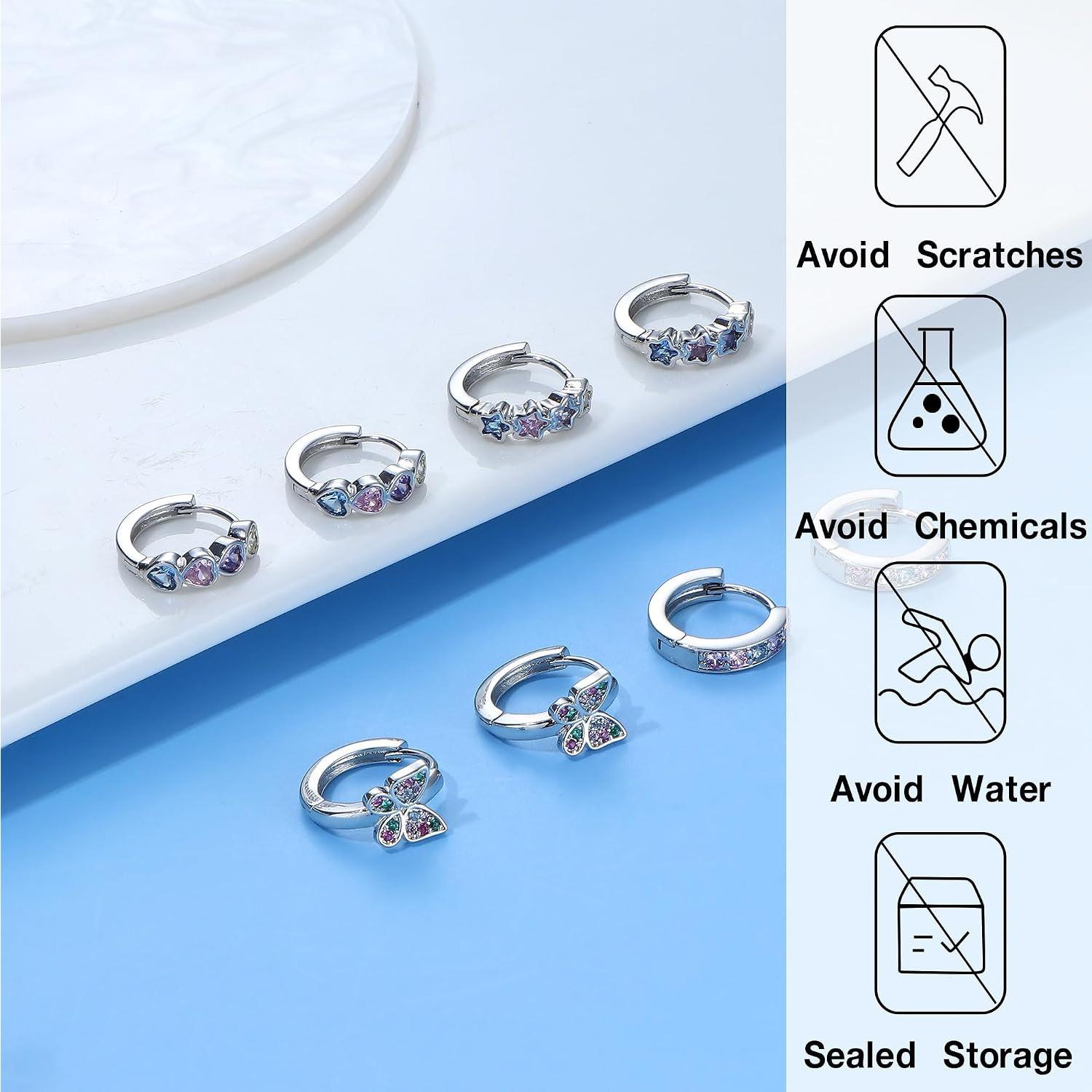 4 Pairs Small Silver Hoop Earrings for Women Girls, Hypoallergenic Heart Butterfly Zircon Cute Cartilage Earrings, Tiny Hoop Earrings Set for Kids Children in Pink/Blue/Purple