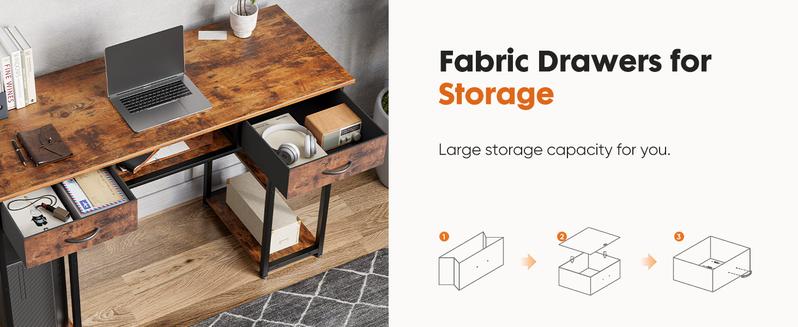 Computer Desk with 2/3 Drawers 32/48 Inch Small Home Office Bedroom Writing Study PC Tabke with Storage Space Fabric Side Bag Headphone Hook Metal Frame Adjustable Feet Modern Simple Style