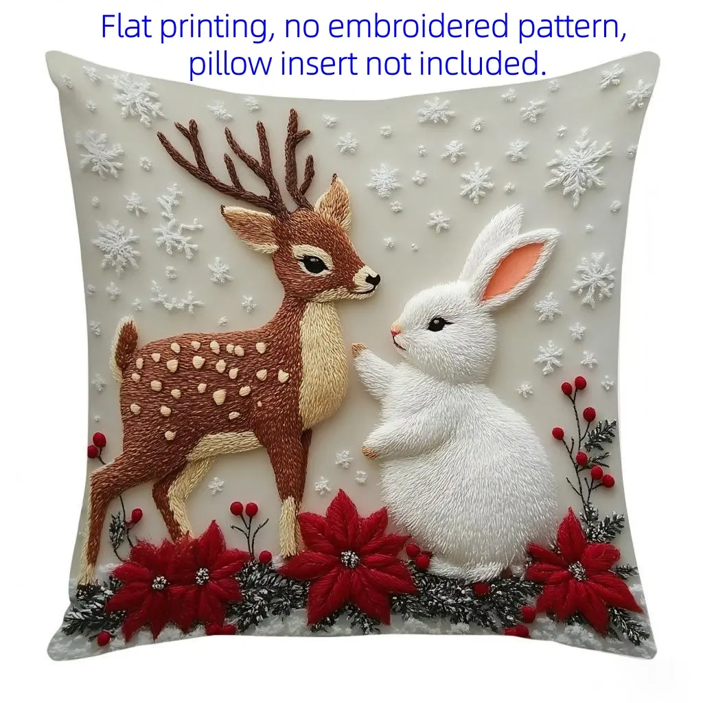 Christmas Decorative Pillowcase, Santa and Reindeer Print, Flat Design, No Embroidery, for Sofa, Bed, Home Décor, Christmas Gift