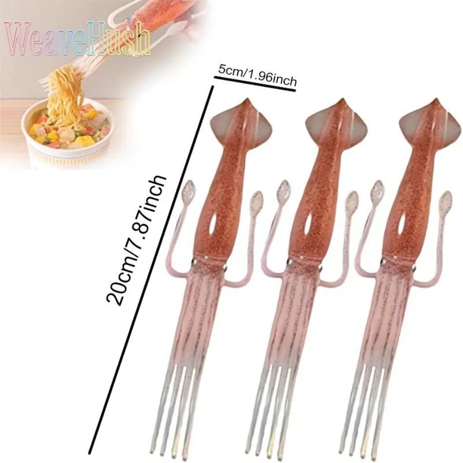 3-pack of creative squid-shaped forks, fun food-grade plastic noodle forks, unique ramen, pasta, and salad cutlery, a cool and prank gift for friends and teenagers, party supplies.