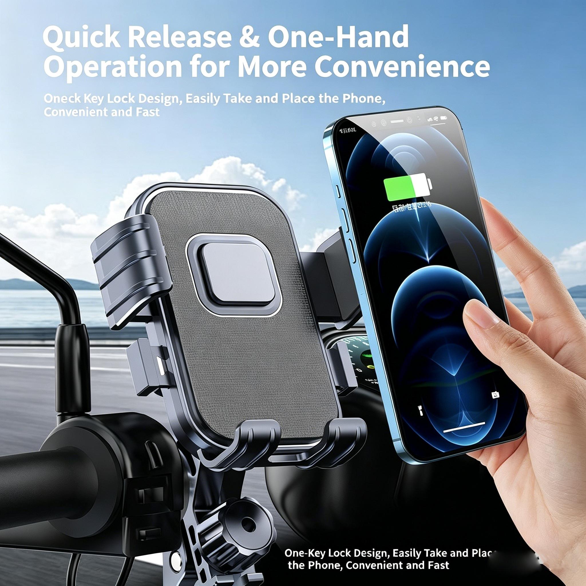 360° Rotatable Bike and Motorcycle Phone Mount, suitable for scooters, e-bikes, e-bike accessories, handlebar mounts, anti-vibration mounting for cycling, navigation mounts for food delivery riders, and shock-resistant phone mounts for outdoor cycling.