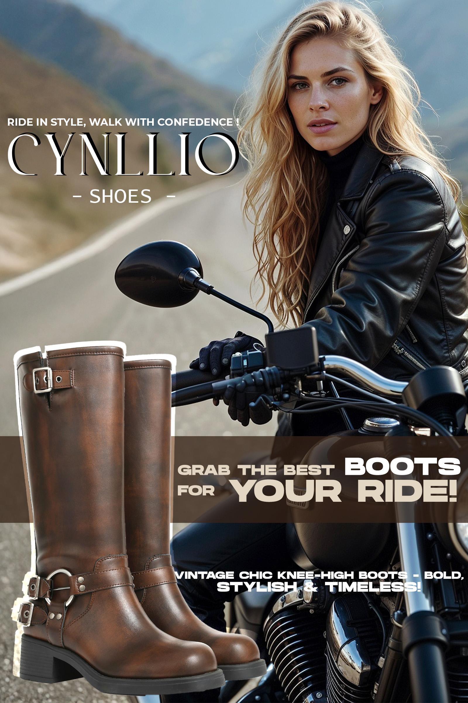 CYNLLIO Motor Cycle Combat Boots Women Round Toe Fashion Metal Buckles Chunky Block Heel Rivets Wide Calf Riding Boot Pull On Casual Vintage Dress Spring Rocky Boots Chunky Heel Vintage Riding Boots