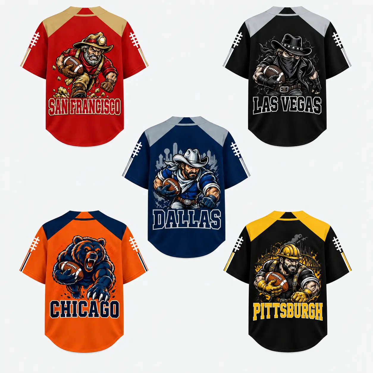 Unisex Football Graphic Baseball Jersey Shirt, Men’s Women’s Button Down Sports Fan Top, City Letter Print Short Sleeve Streetwear, Game Day Outfit, Casual Oversized Jersey, Front Back Graphic Apparel for Tailgate Party Gift