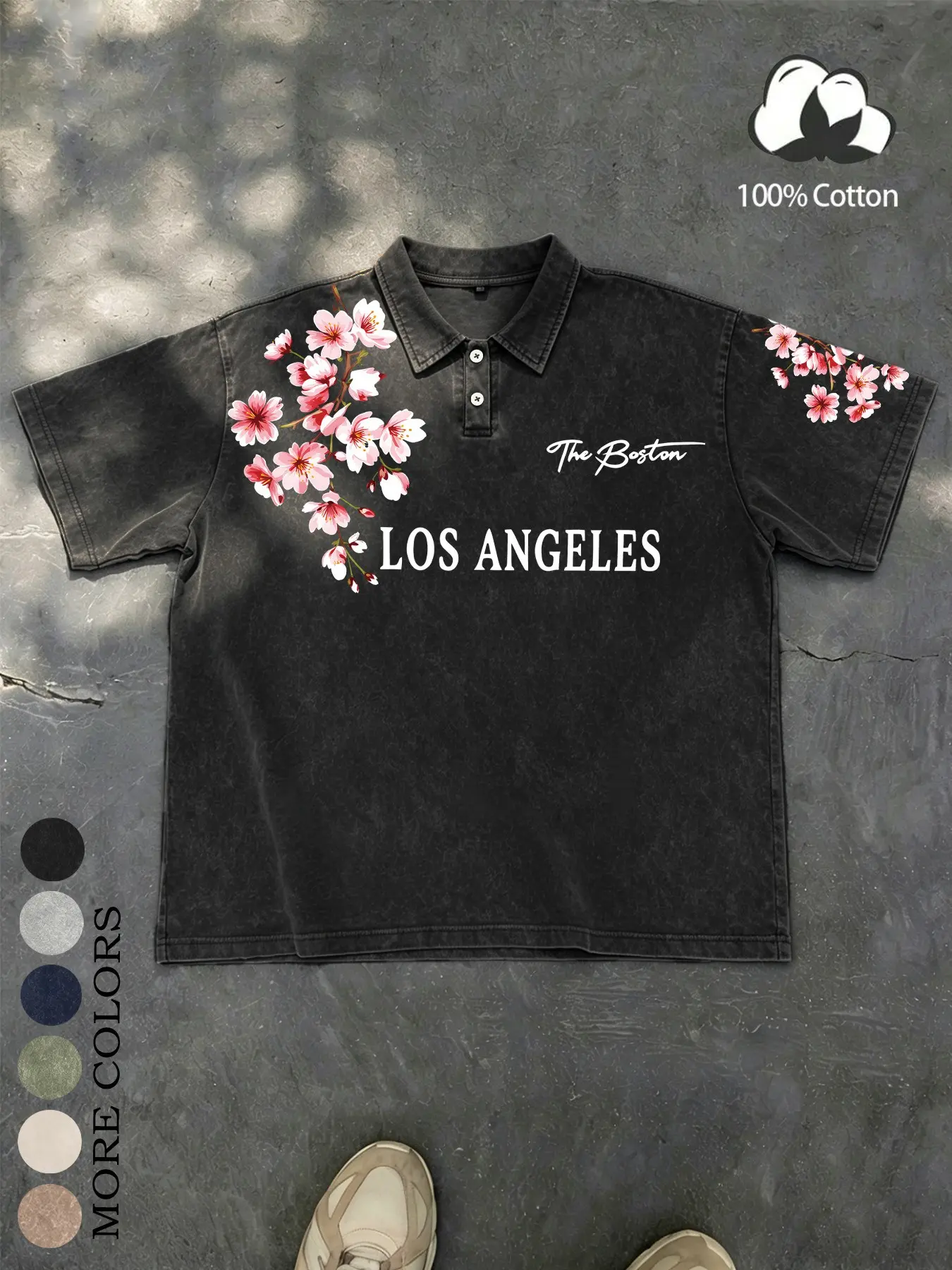 Unisex style, 100% cotton, water-washed, distressed Japanese cherry blossom print, loose-fitting, reversible collar polo shirt with short sleeves. American retro, Y2K, Japanese trend brand, streetwear, oversized top. Suitable for back-to-school season, bo