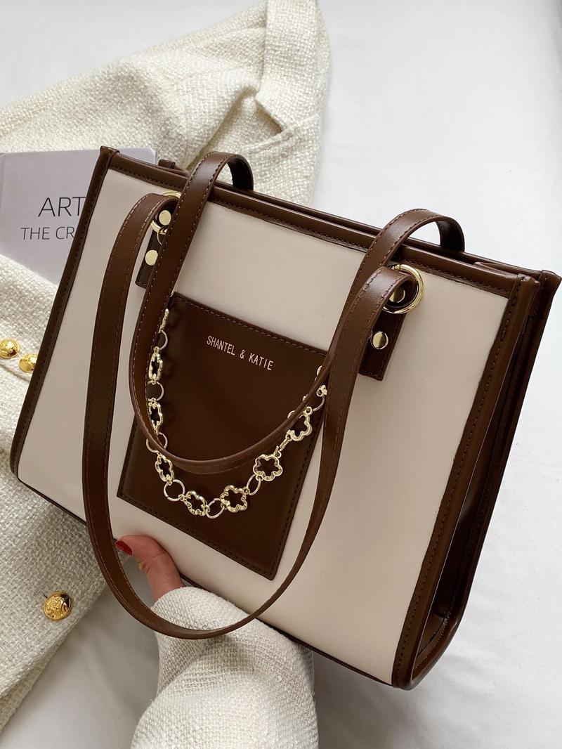 Fashion Chain Decorated Tote Bag As Summer Outfits 2024, Elegant Colorblock Letter Label Design Shoulder Bag for Women, All-match Commuter Bag for Work & Daily Used