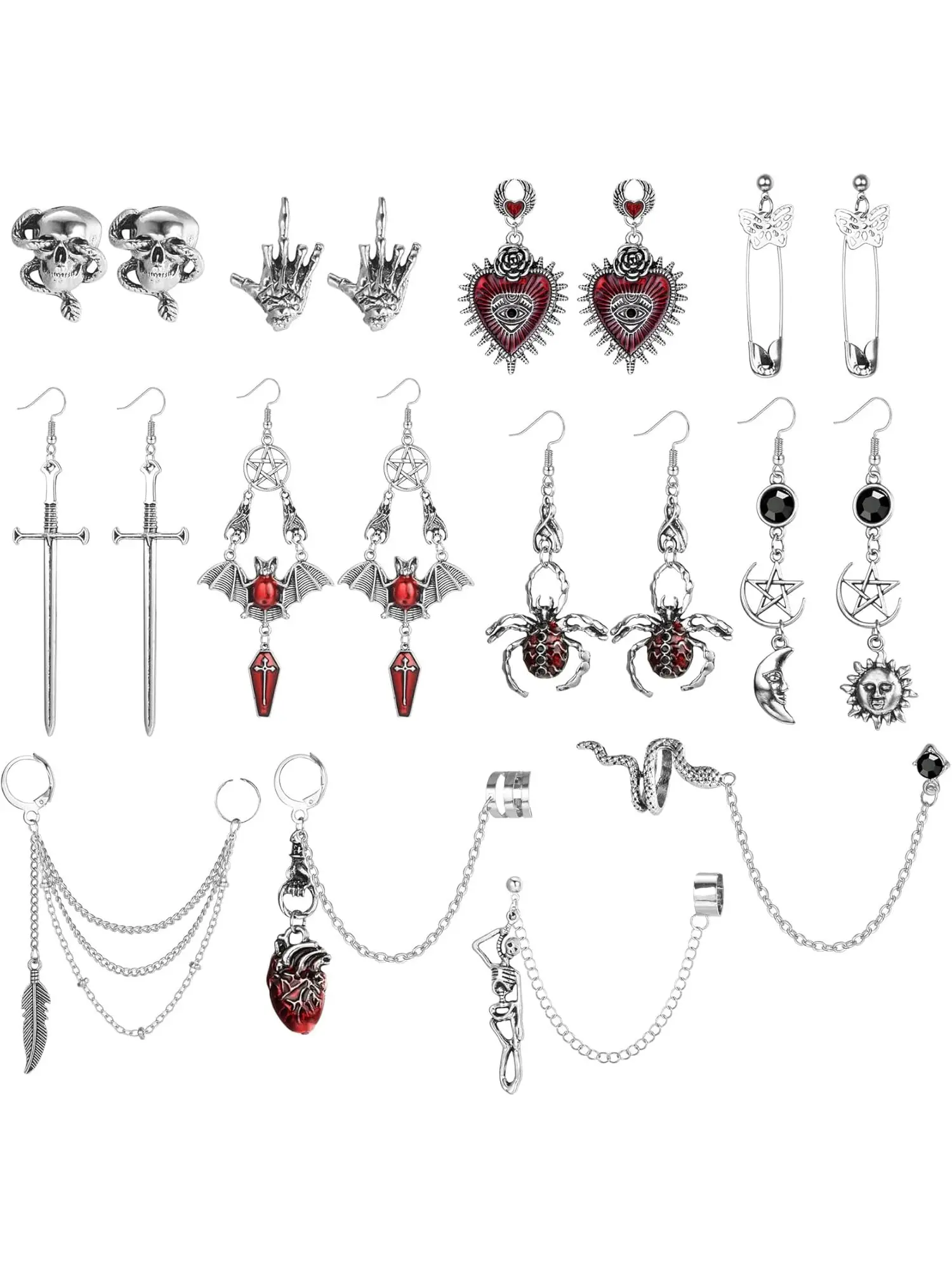 Gothic Halloween Earrings Set, Punk Skull Bat Snake Pentagram Red Heart Dangle Studs, Vintage Silver Rock Goth Jewelry for Women, Ear Cuff Chain Accessories