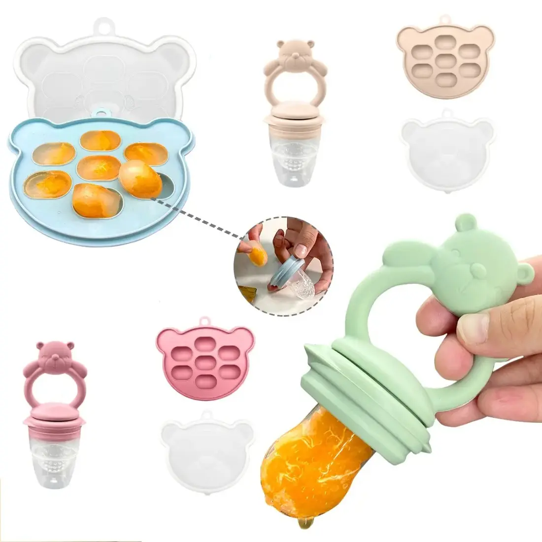 Unisex 2-Piece Cartoon Bear Silicone Pacifier Set - Compact Newborn Teething Aid, Baby Fruit Vegetable Food Feeder, Ice Cube Mold Tray, Drinking & Feeding Supplies, Home/Festive Party Bag Gift-MM1,sohochic