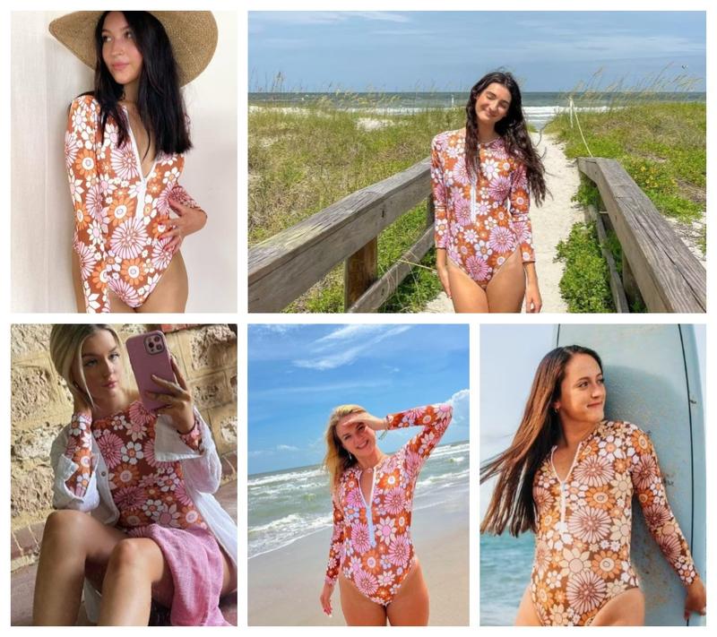 One piece Swimsuit Daisy Print Long Sleeve Half Zip UPF50+ Modest Sportsoutdoor wetsuit Bathing suits Full coverage Tummy Control Swimwaer