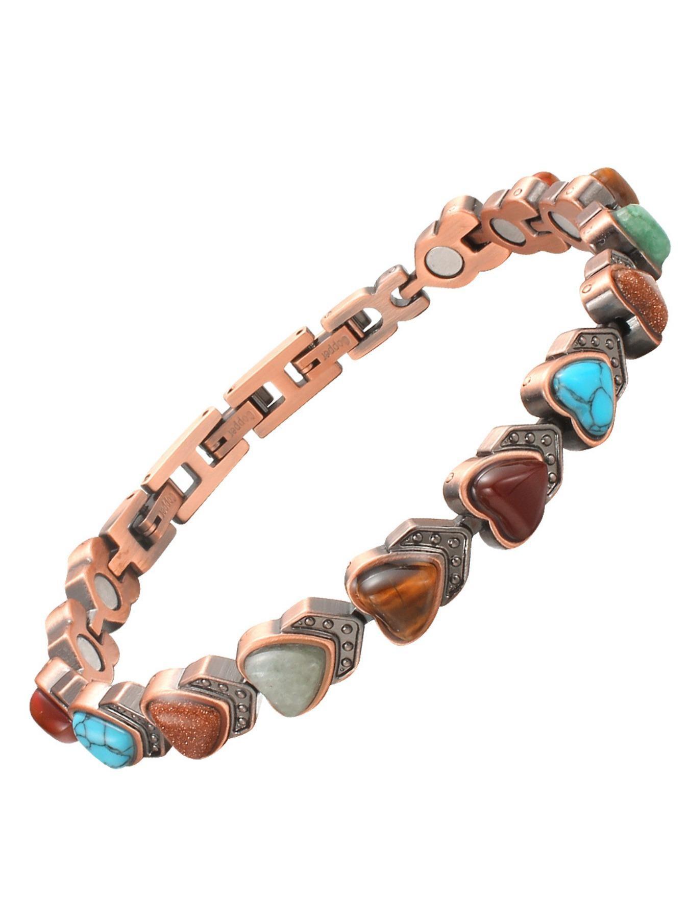 Vintage Magnetic Therapy Bracelet for Women, Couple Sleep Aid Wristband, Solid Copper, Multicolor Stones, Fashion Retro Jewelry