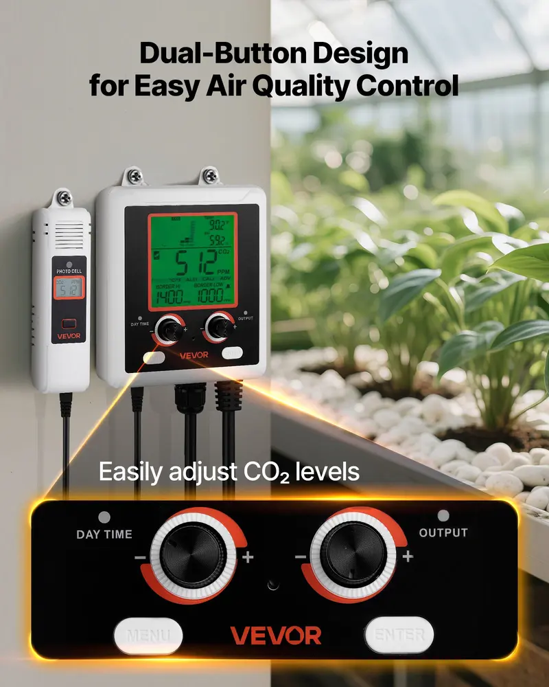 VEVOR Hanging Compact Digital CO2 Monitoring Controller with NDIR Sensor, LCD Display, 0-5000ppm Range, Dual Outlets, Day-Night Detection, Human Auto Sensing, Auto Ventilation, Accurate CO2 Tracking, 1.61 lbs, 32-122°F/0-50°C for Greenhouse VEVOR Hanging Compact Digital CO2 Monitoring Controller with NDIR Sensor, LCD Display, 0-5000ppm Range, Dual Outlets, Day-Night Detection, Human Auto Sensing, Auto Ventilation, Accurate CO2 Tracking, 1.61 lbs, 32-122°F/0-50°C for Greenhouse