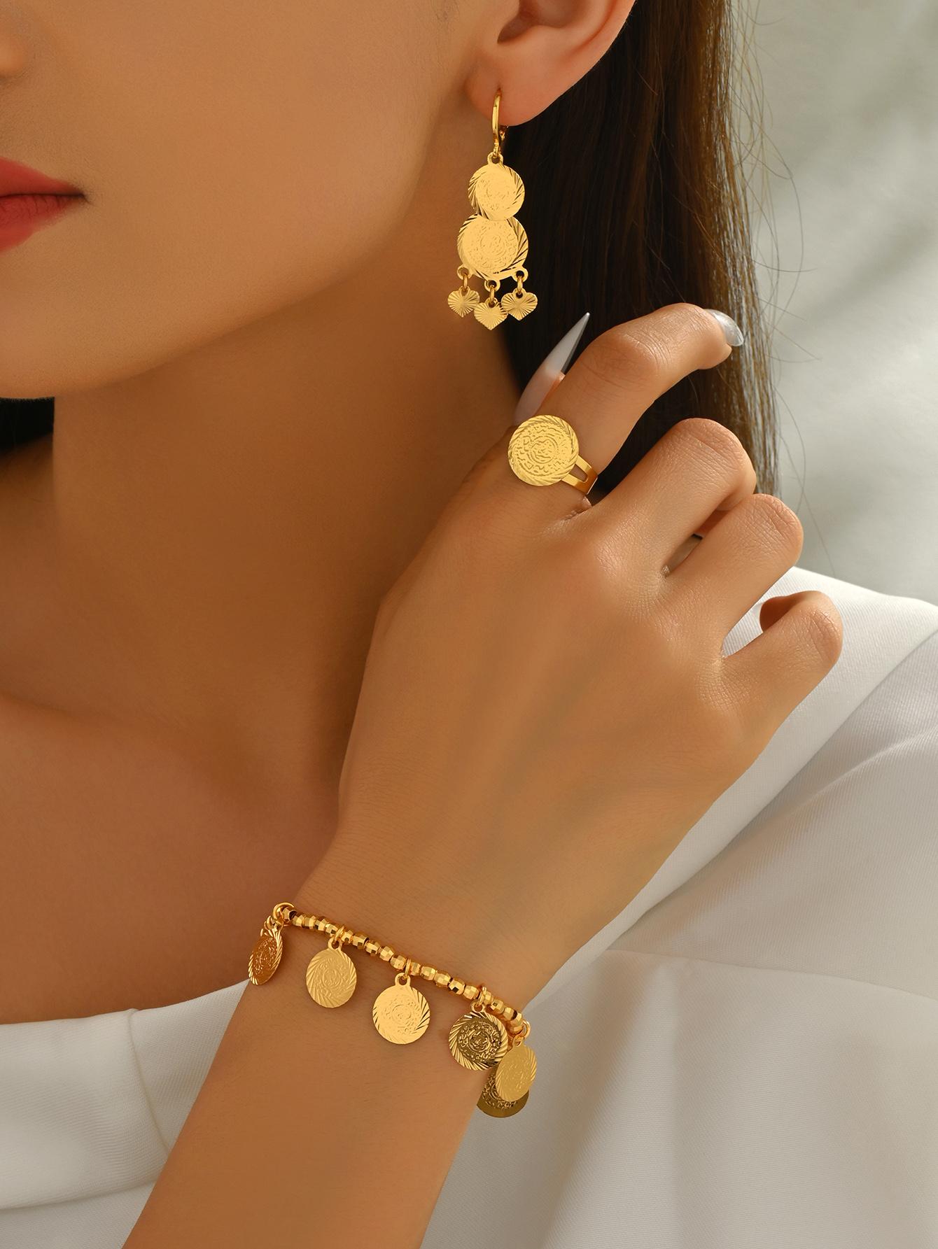 Vintage Coin Design Jewelry Set, Bracelet Ring Earrings, Casual Style Accessories for All Seasons, Copper Chain Material, Glamour Set