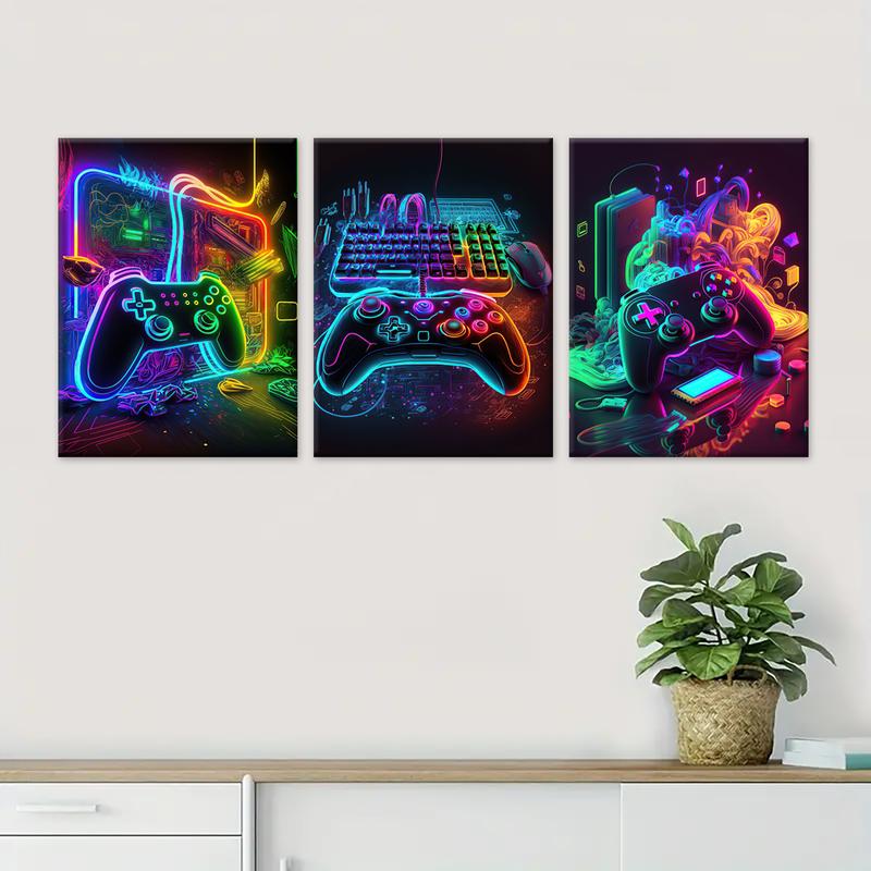 Modern Neon Gamepad Lightsaber Man Pattern Canvas Painting with Frame, 3 Counts/set Modern Wall Art Painting, Wall Art Decor for Home Living Room Bedroom Office