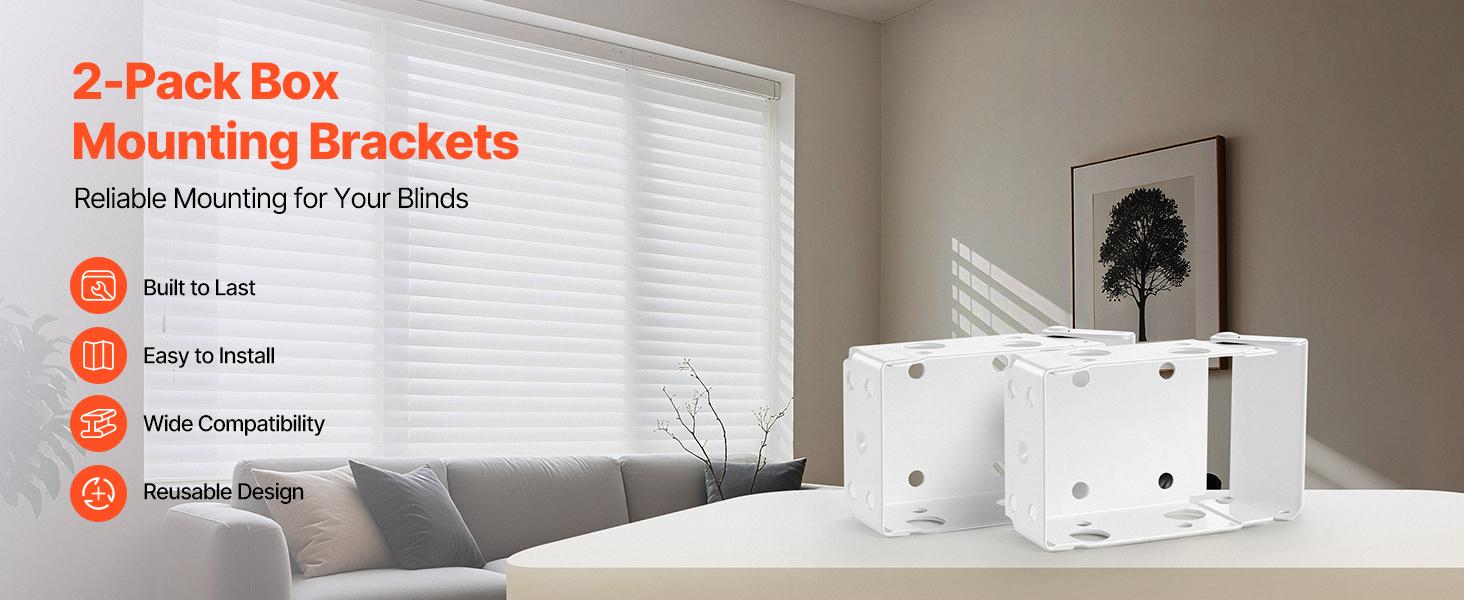 VEVOR Box Mounting Brackets, 2 Pcs, Box Blind Bracket for Window Blinds, Fit for 1.5x 2.25 inch Headrails, with Self-Tapping Screws and Expansion Tubes, Sturdy Iron, for Blinds Installation, White