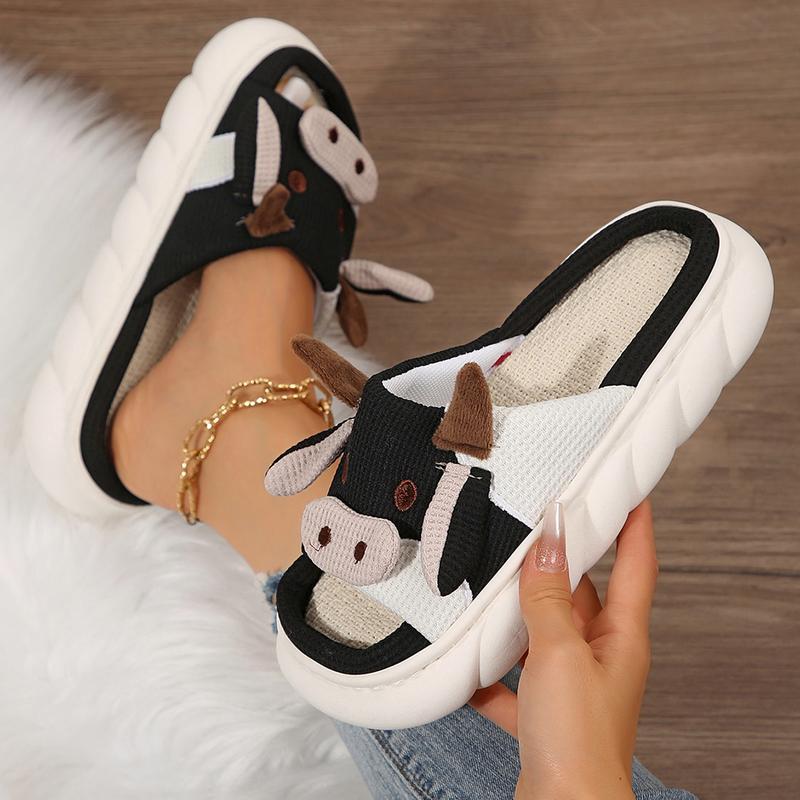 Cute Cow Slippers for Women Animal Cartoon House Slippers Soft Home Linen Slippers Shoes Indoor Outdoor