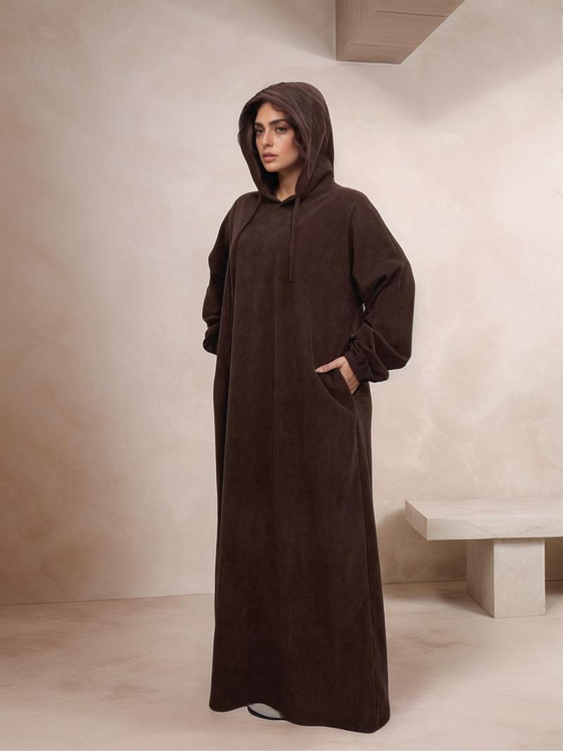 Women's Solid Drawstring Hooded Corduroy Dress, Casual Long Sleeve Dress for Fall & Winter, Women's Islamic Clothing for Daily Wear, Modesty Muslim Clothing