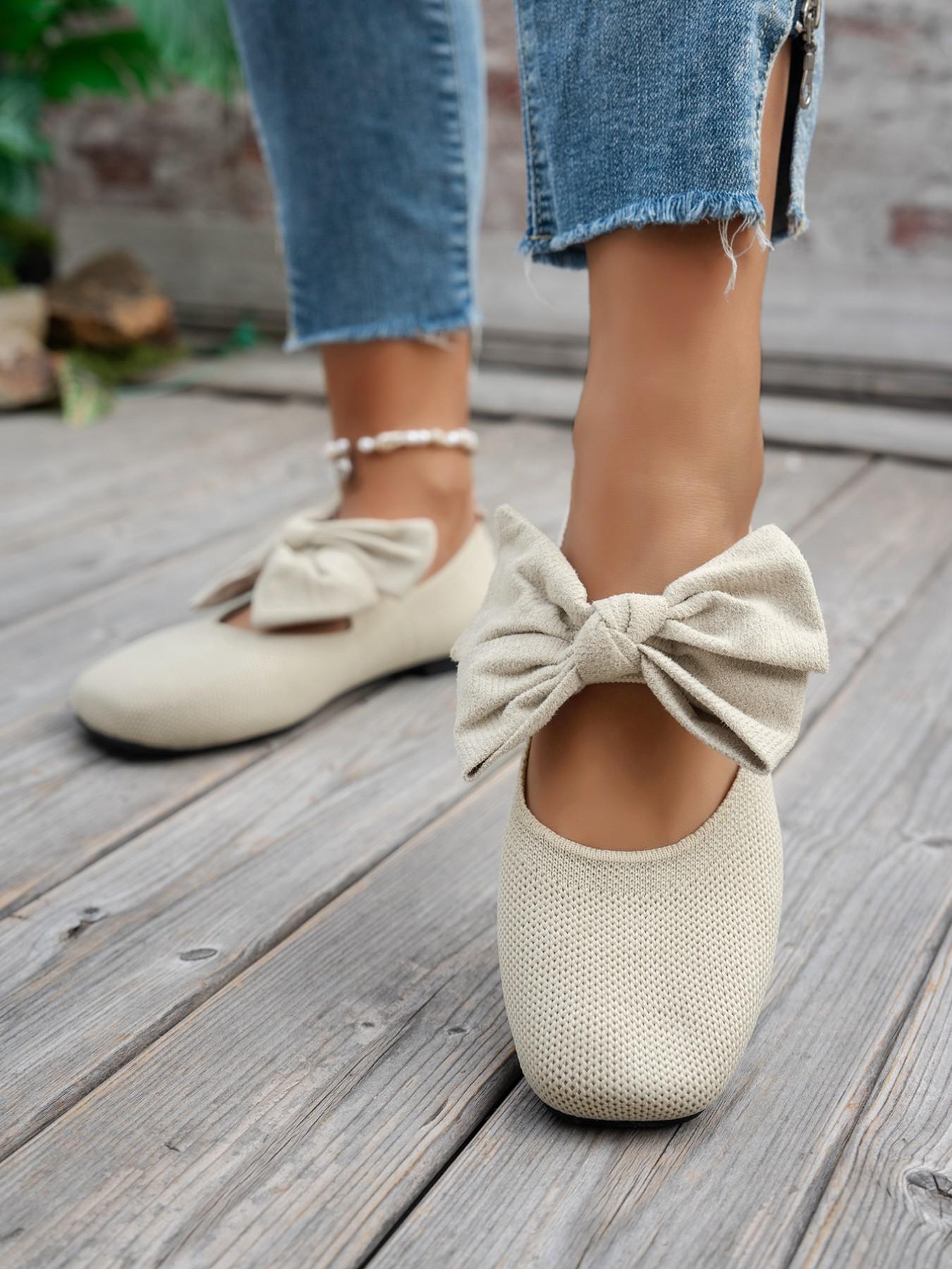 Women's Knitted Shoes, Retro Square Toe Mary Jane Flats, Comfortable Low Heel Single Shoe, Fashion Commuter Shoes with Large Bow Decor
