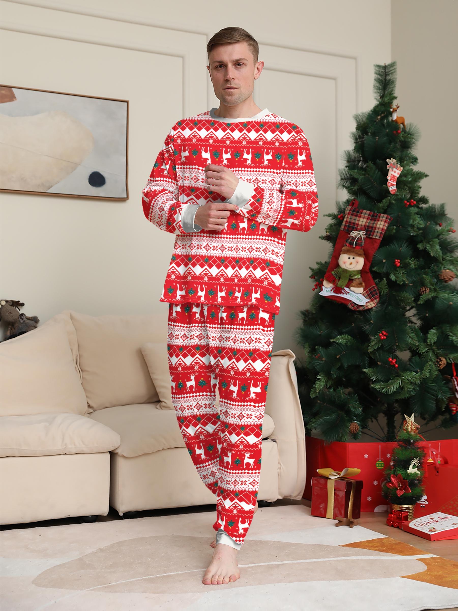 Red White Fair Isle Reindeer Snowflake Matching Family Christmas Pajama Set, All Over Print Crew Neck Long Sleeve Sleepwear with Cream Cuffs, Soft Cuffed Loungewear for Adults Kids Couple, Xmas Family Matching Outfits for Family of 3 & 4