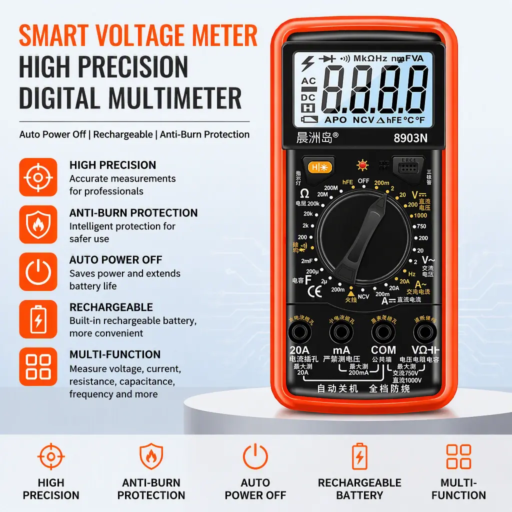 High Precision Digital Voltmeter Multimeter, Rechargeable Anti‑Burn Multi‑Function Electrical Tester with Backlight Display for Home & Workshop Repair