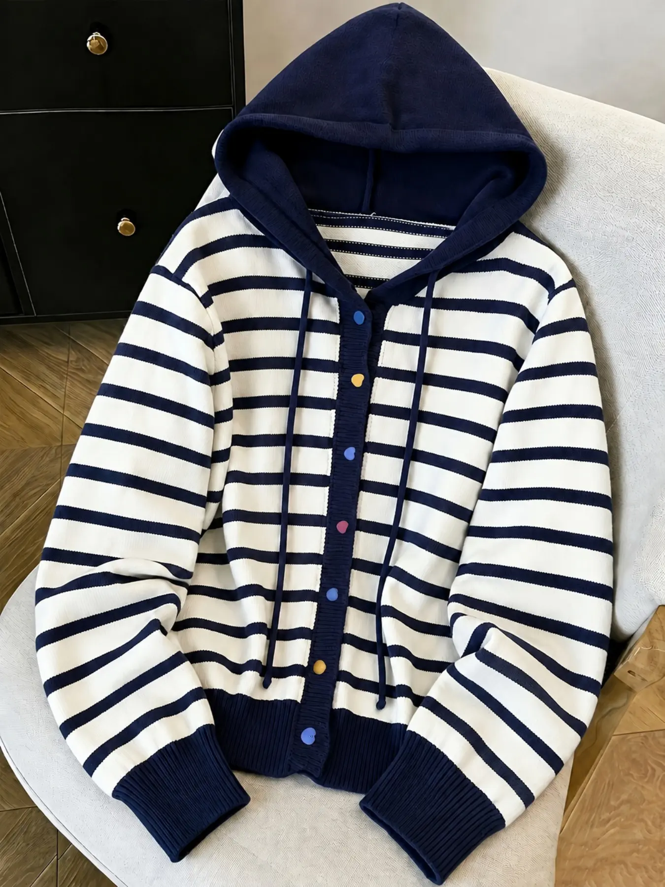 Cute Heart Button Striped Long Sleeve Hooded Sweater Cardigan, Spring Autumn Loose Casual Hooded Sweater Sweatshirt, Fashion Women'S Sweater Cardigan