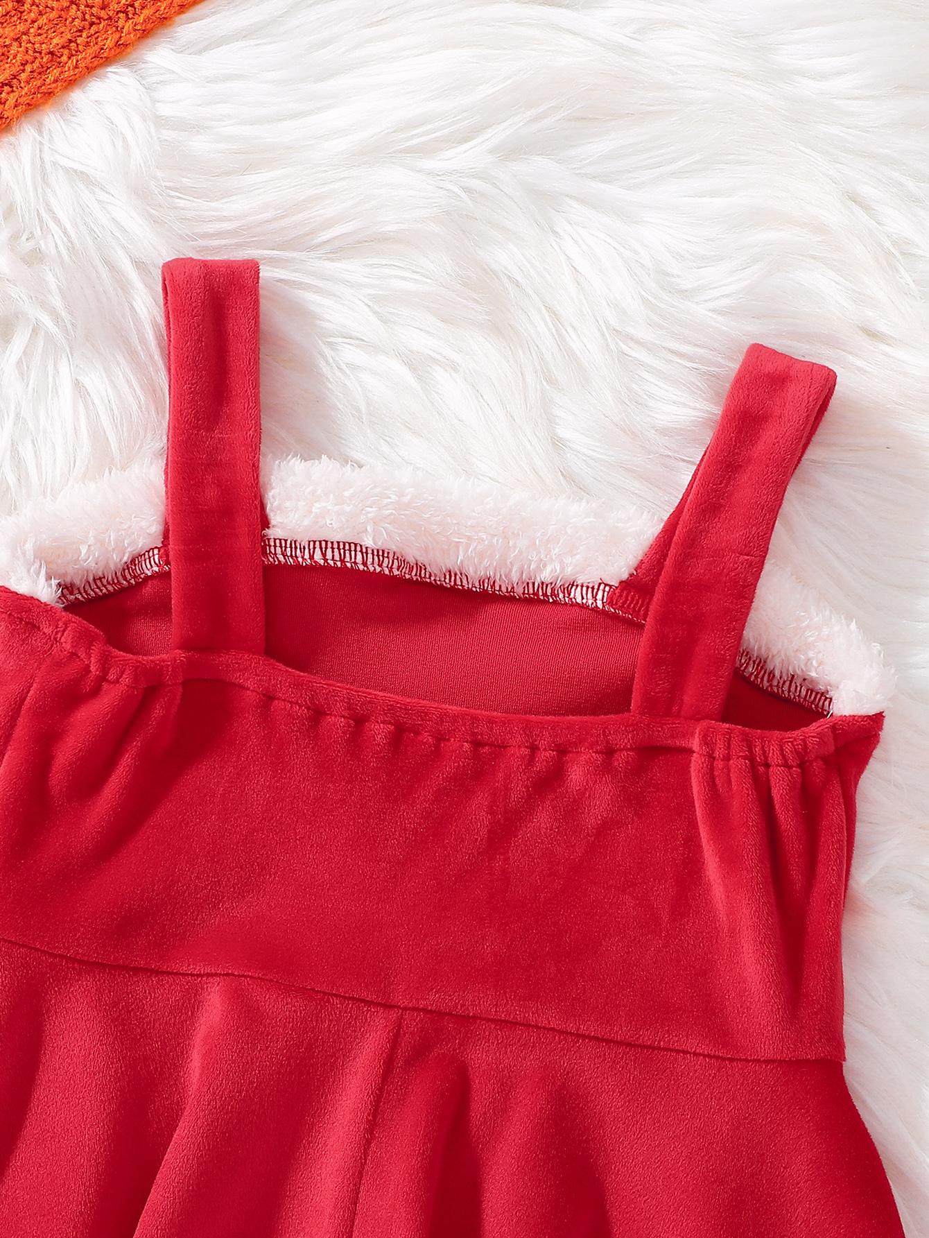 Autumn Winter Girls Clothes Christmas Dress Two Piece Set Red Velvet Slip Dress + Milk White Faux Fur Jacket Cute Sweet Style Party Outfit Warm & Trendy Christmas Clothing