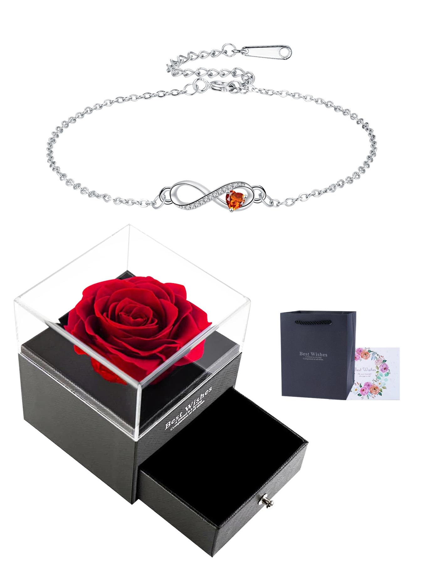 Heart CZ Birthstone Infinity Pendant Bracelets With Rose Jewelry Gift Box, Endless Love Symbol Bracelets for Women, Birthday Christmas Jewelry Gift for Wife Mom Daughter