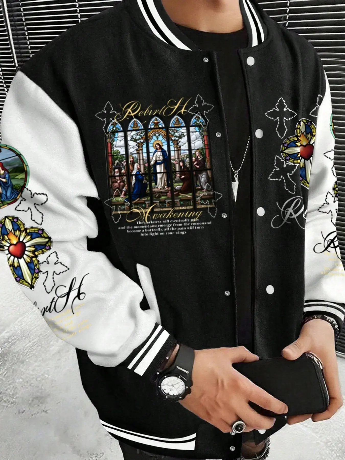 Men's Regular Fit Varsity Jacket, Color Block Baseball Coat with Stained Glass Cross Sacred Heart Graphic Print, Warm Button Up Outerwear for Daily Wear, Street Style, Outdoor, Fall Winter Casual Jacket
