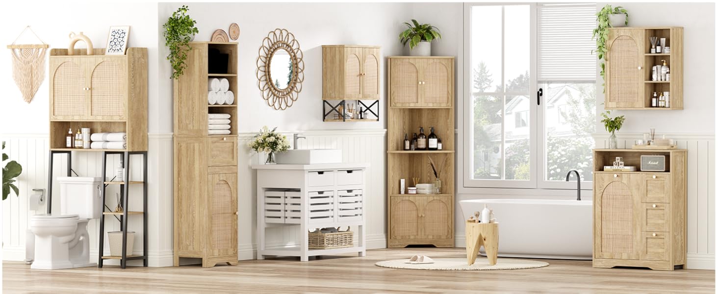Vabches 67''H Bathroom Storage Cabinet with Rattan Doors and Slide storage, Tall narrow standing Tower Cabinet with Adjustable Shelves, Small Bathroom Floor Cabinet for Entryway, Kitchen, Natural