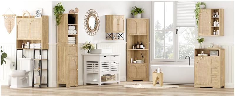Vabches 67''H Bathroom Storage Cabinet with Rattan Doors and Slide storage, Tall narrow standing Tower Cabinet with Adjustable Shelves, Small Bathroom Floor Cabinet for Entryway, Kitchen, Natural