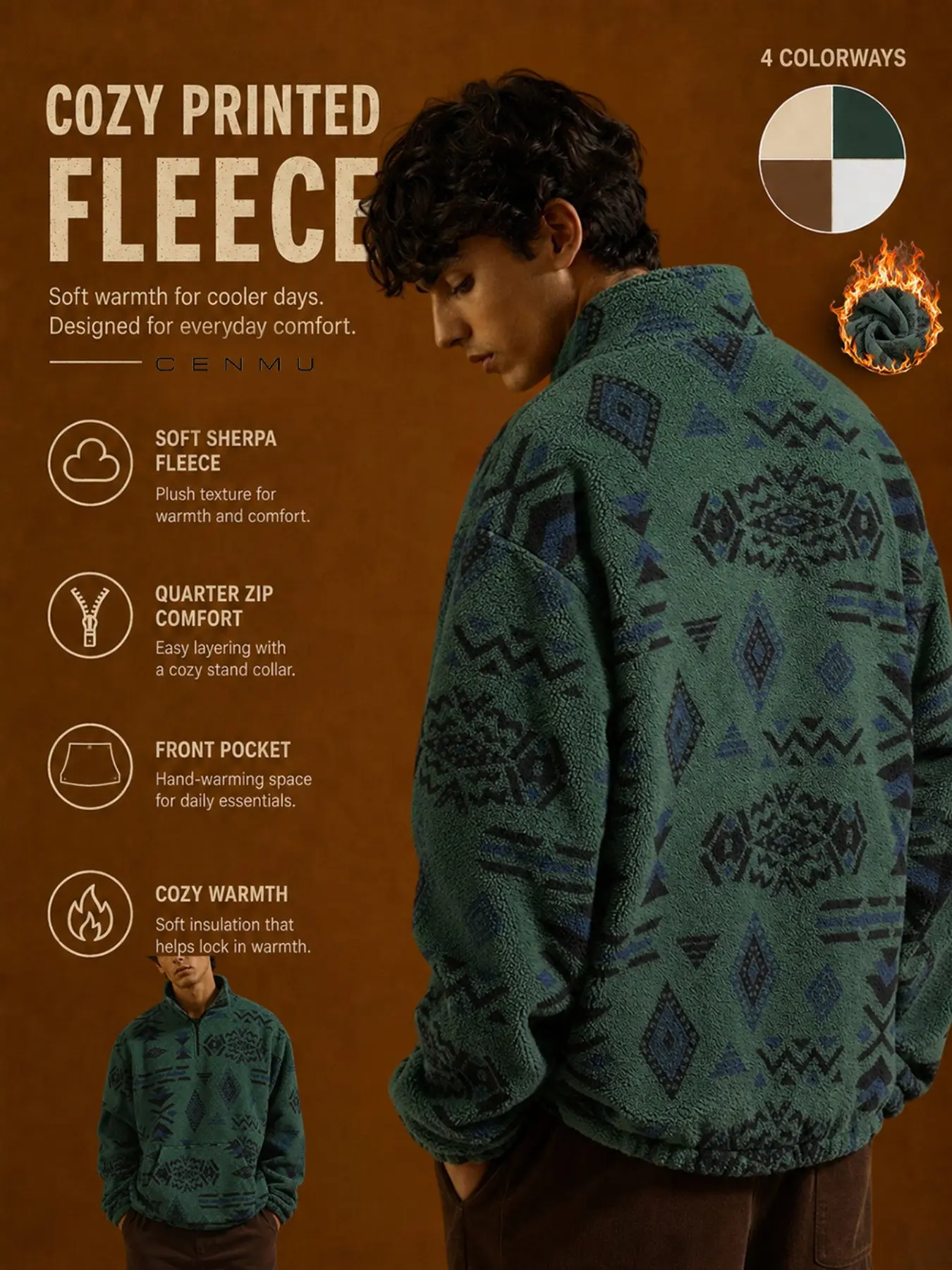 CENMU Men's  Relaxed Fit Western Sweatshirt  Aztec Print Quarter Zip Fleece Pullover, with Stand Collar & Kangaroo Pocket, Cozy Warm Long Sleeve Top for Fall Winter, Outdoor, Camping, Travel & Casual Streetwear