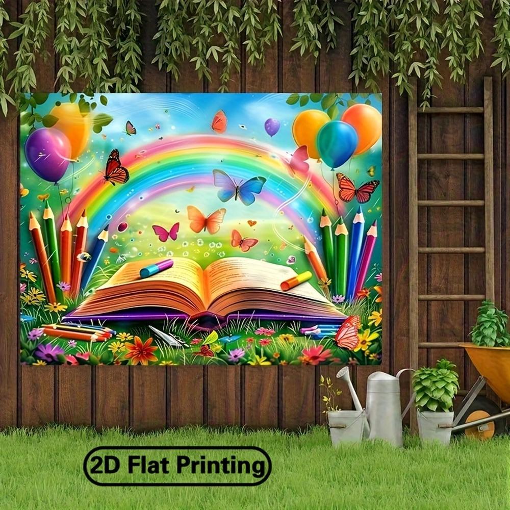 2D Flat Printing Back to School Rainbow Open Book Banner - Polyester Fabric Photography Backdrop & Party - Photographic Cloth, Outdoor and Indoor Party Banners, Background with Festive Elements fo