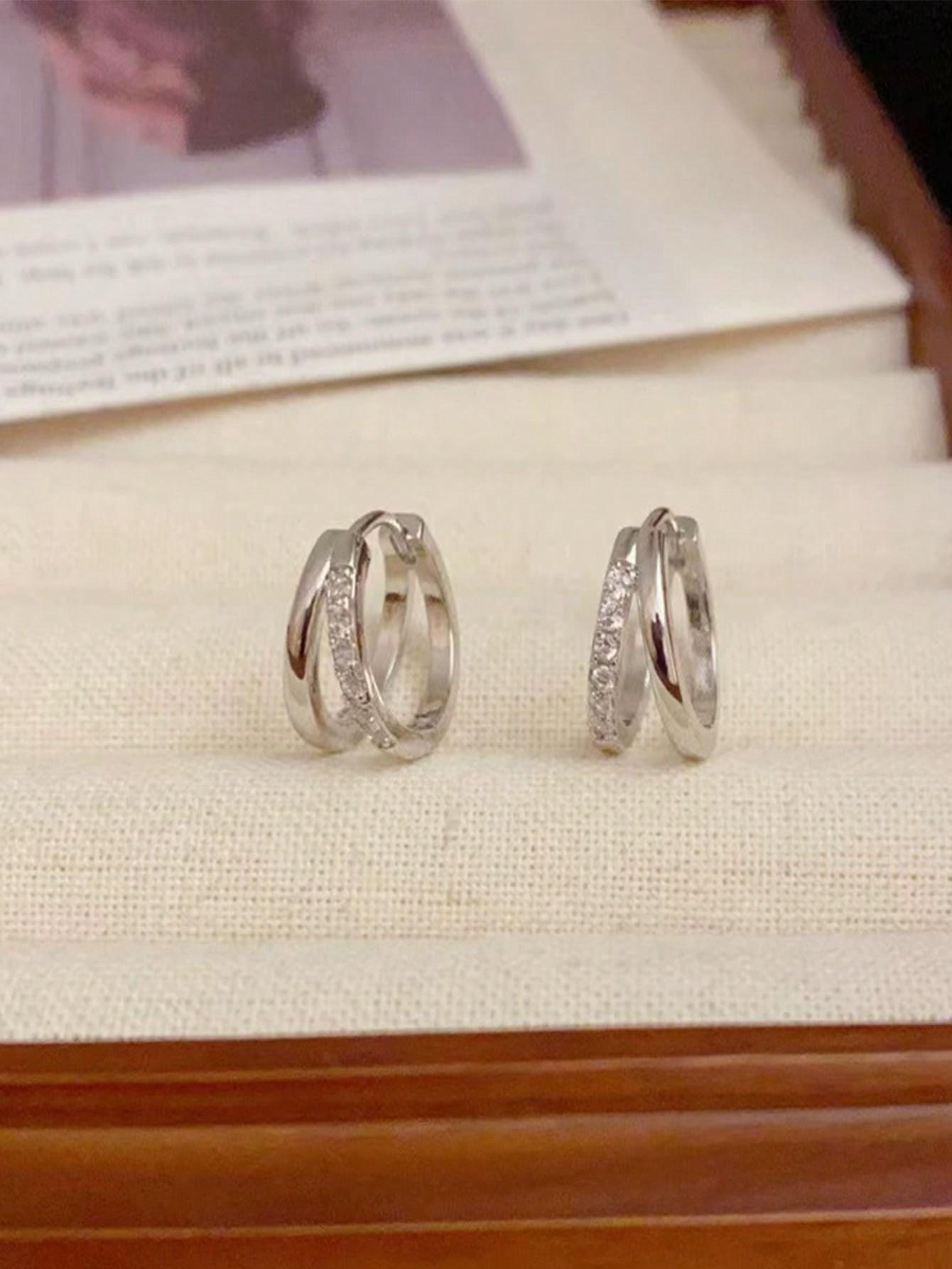 1 pair of ladies earrings, modern style double ring zircon inlay for daily wear, birthday gift, Mother's Day