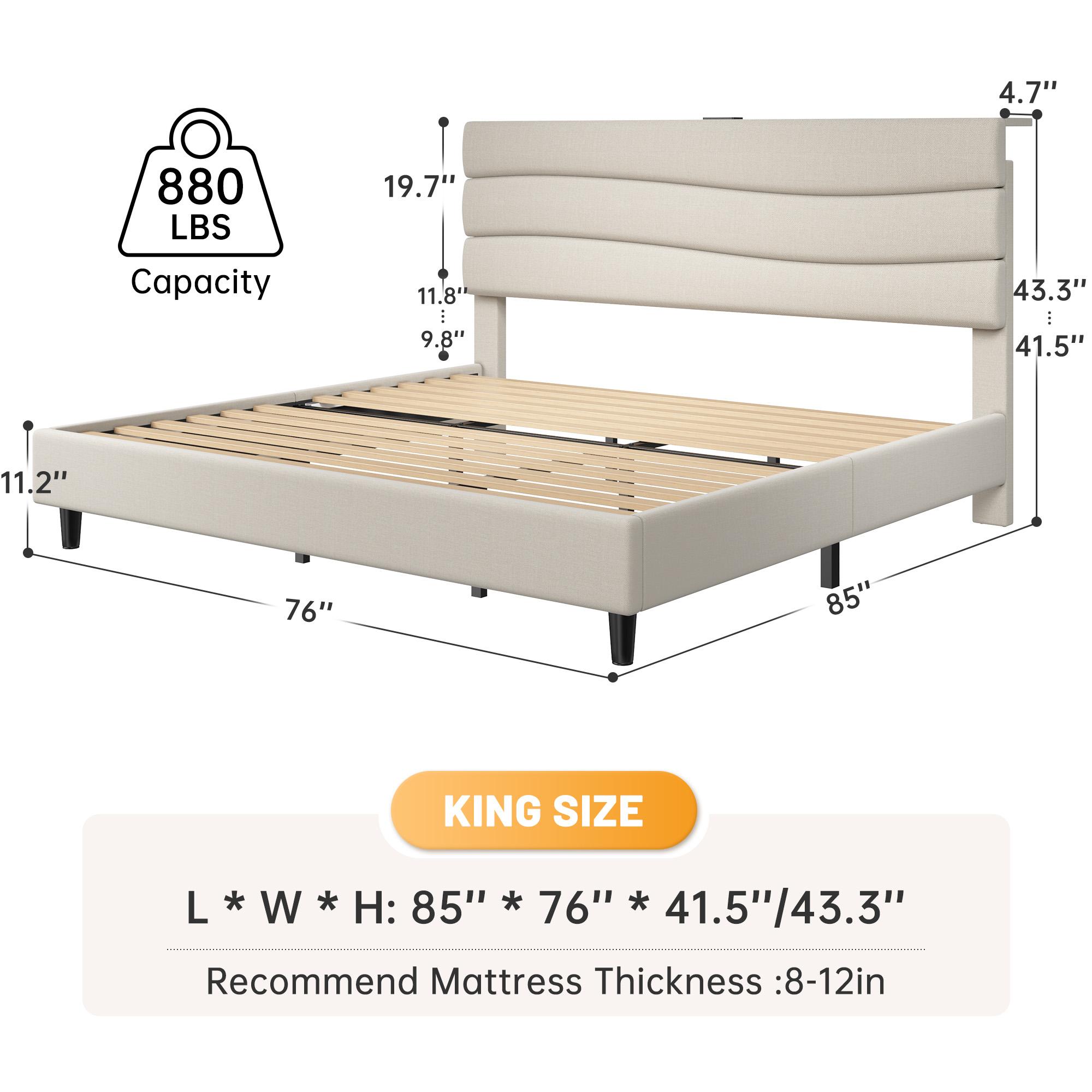 【JumpStar Sale】Raybee Quiet Luxury Upholstered Bed Frames for Queen with Headboard & Charging Station, No Mattress,Bed Frame with Storage Shelf, Flatform Bed Frame Holds 880LBS, No Noise, No Box Spring Needed, Twin, Full,King, Beige, Gray