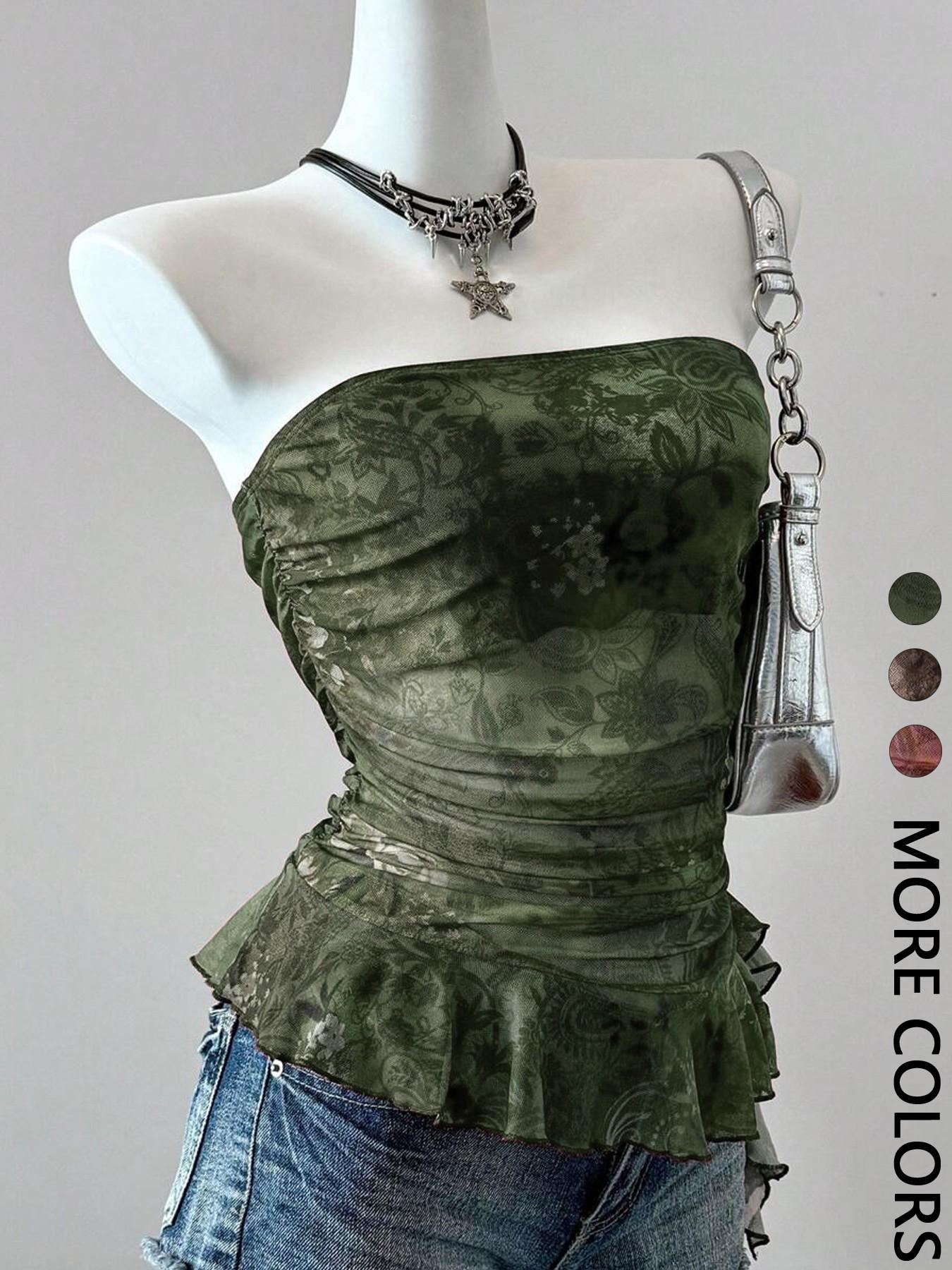 This Sheer Floral Tube Top is Grunge Fairy Y2K Vibes 🦋 | Ruched Ruffle Hem Mesh Top