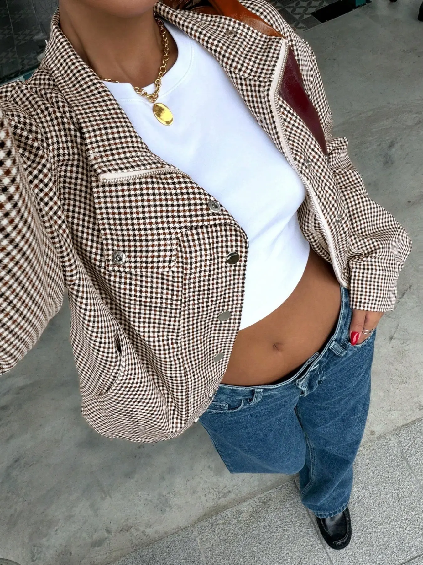 Vintage Plaid Patchwork Motorcycle Jacket for Women, Bubble Sleeve Zipper Short Workwear Coat, Autumn Street Style Outerwear