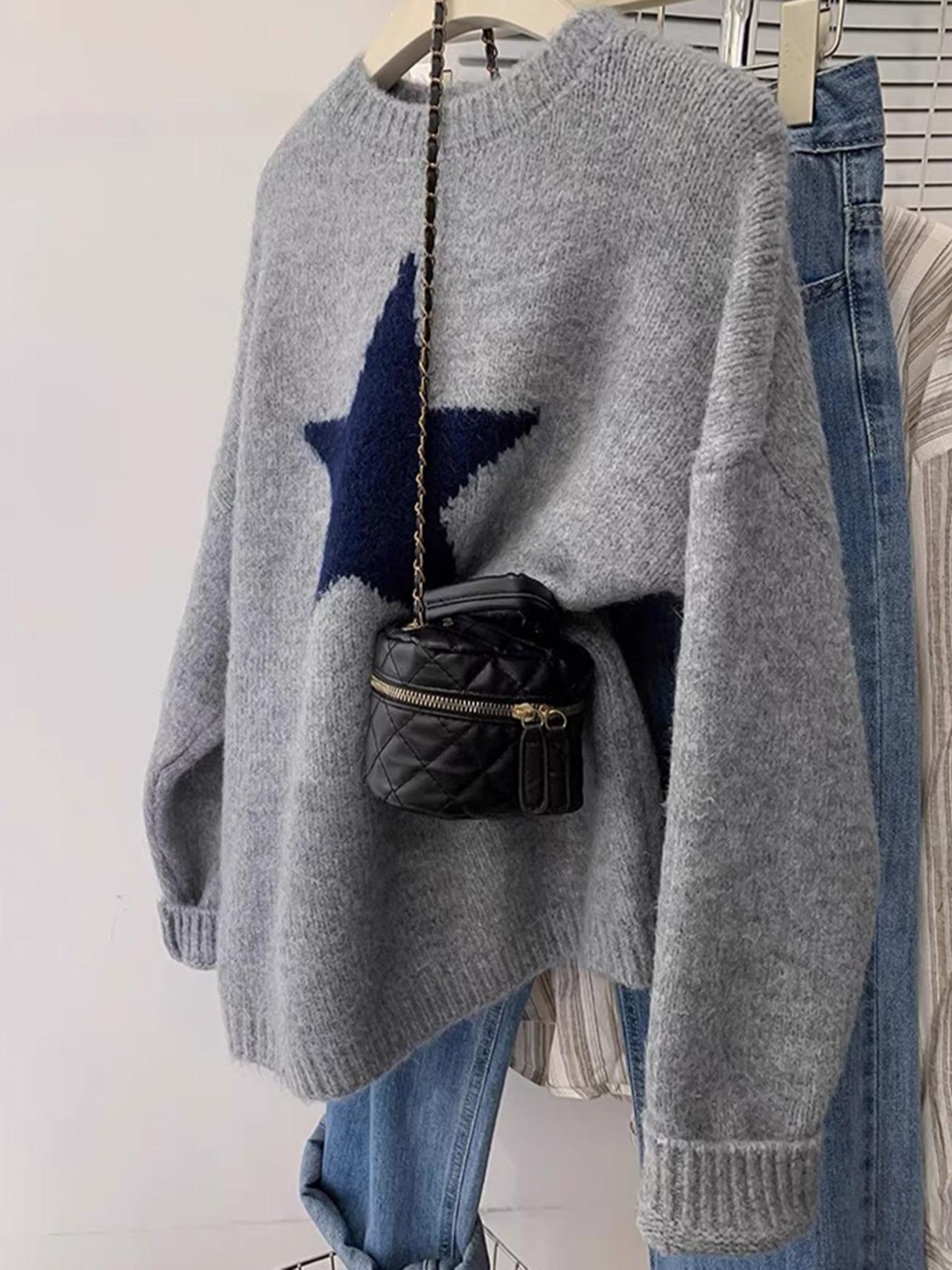 Daily Casual Commute Star Pattern Loose Long Sleeve Elegant Round Neck Lightweight Knit Sweater, Women's Fall & Winter Fashion, Comfortable Daily Wear