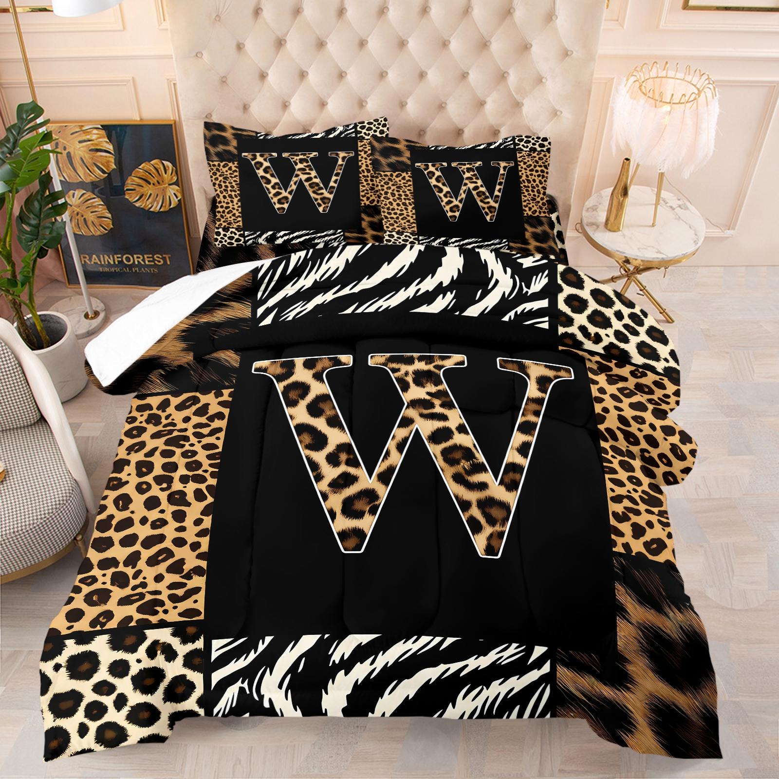 Wild Patchwork First Letter Print Comforter Set & 1-2 Pillowcases No Core, Leopard Print Letters A-Z, Zebra, Hair Texture Collage Pattern, Soft Warm Bedding, Wild Sexy Bedroom Decor, Ideal Gift Choice