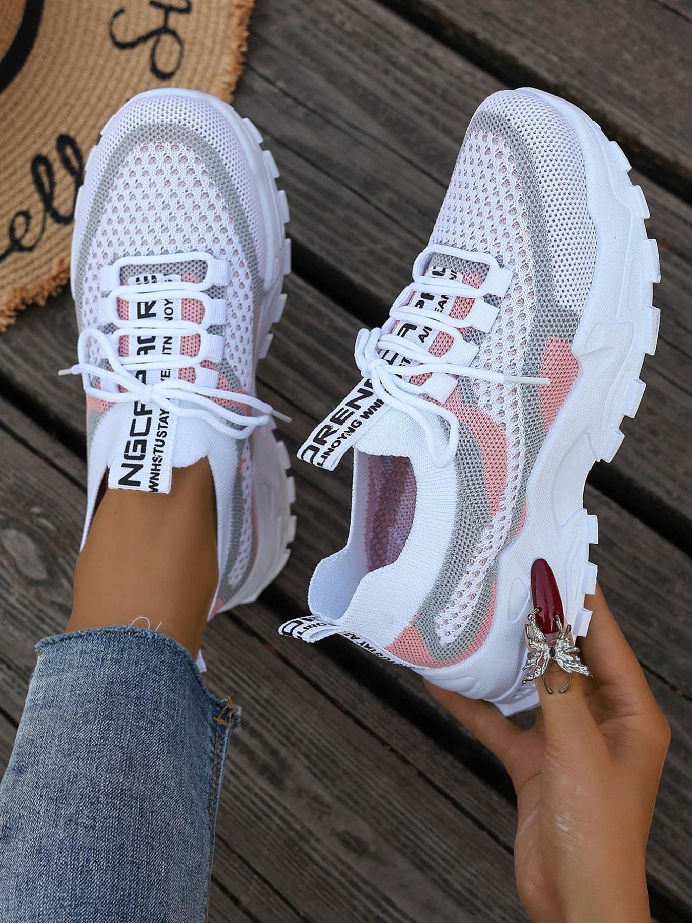 Women's Chunky Platform Mesh Colorblock Sneakers, Casual Sporty Sneakers – Lightweight & Breathable with Pink Gray Accents, Slip-Resistant Sole for Walking & Travel, Athletic Shoes for Teens & Young Adults – School, Errands & Casual Outings